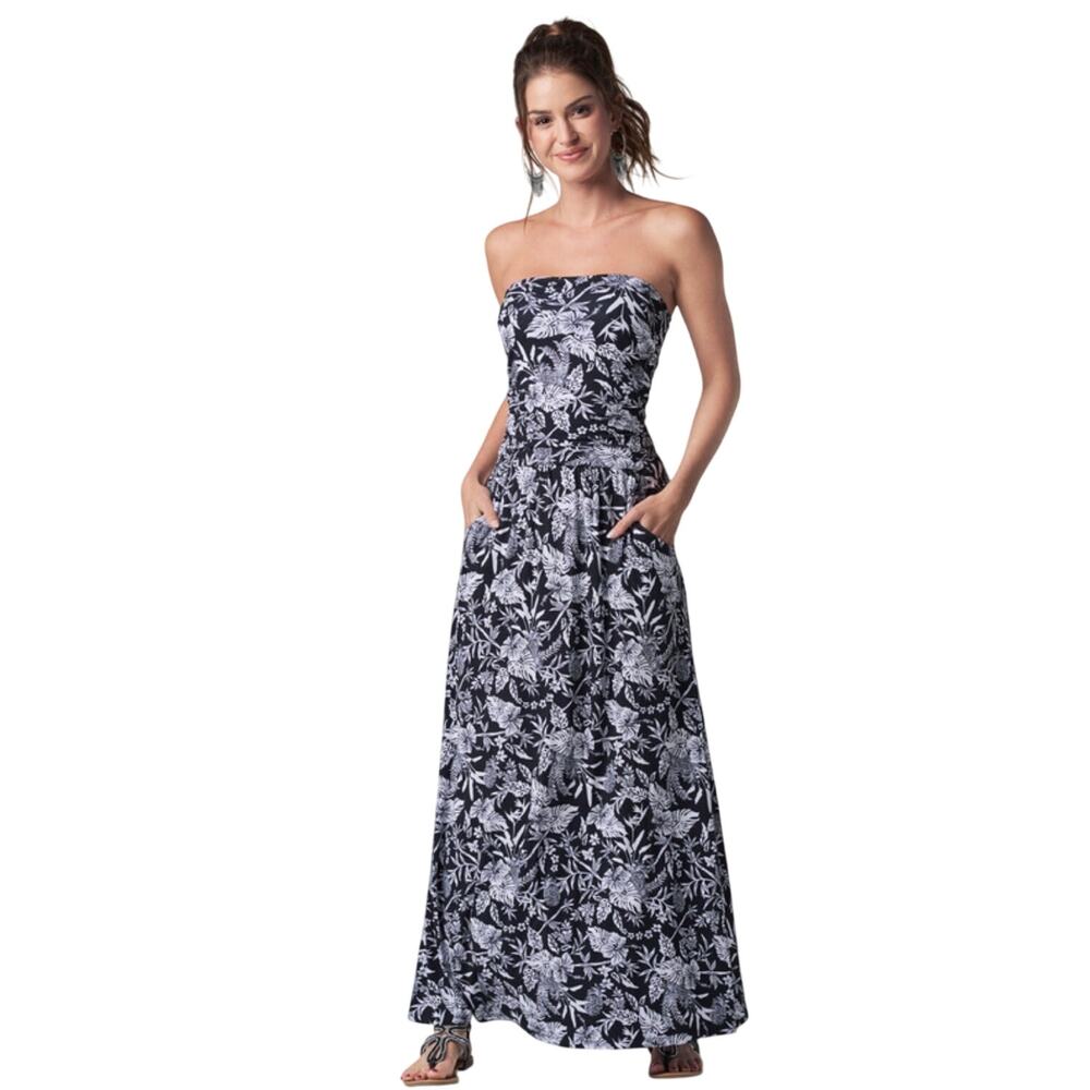 Lascana for Venus Tropical Printed Strapless Maxi Dress Black White 2X